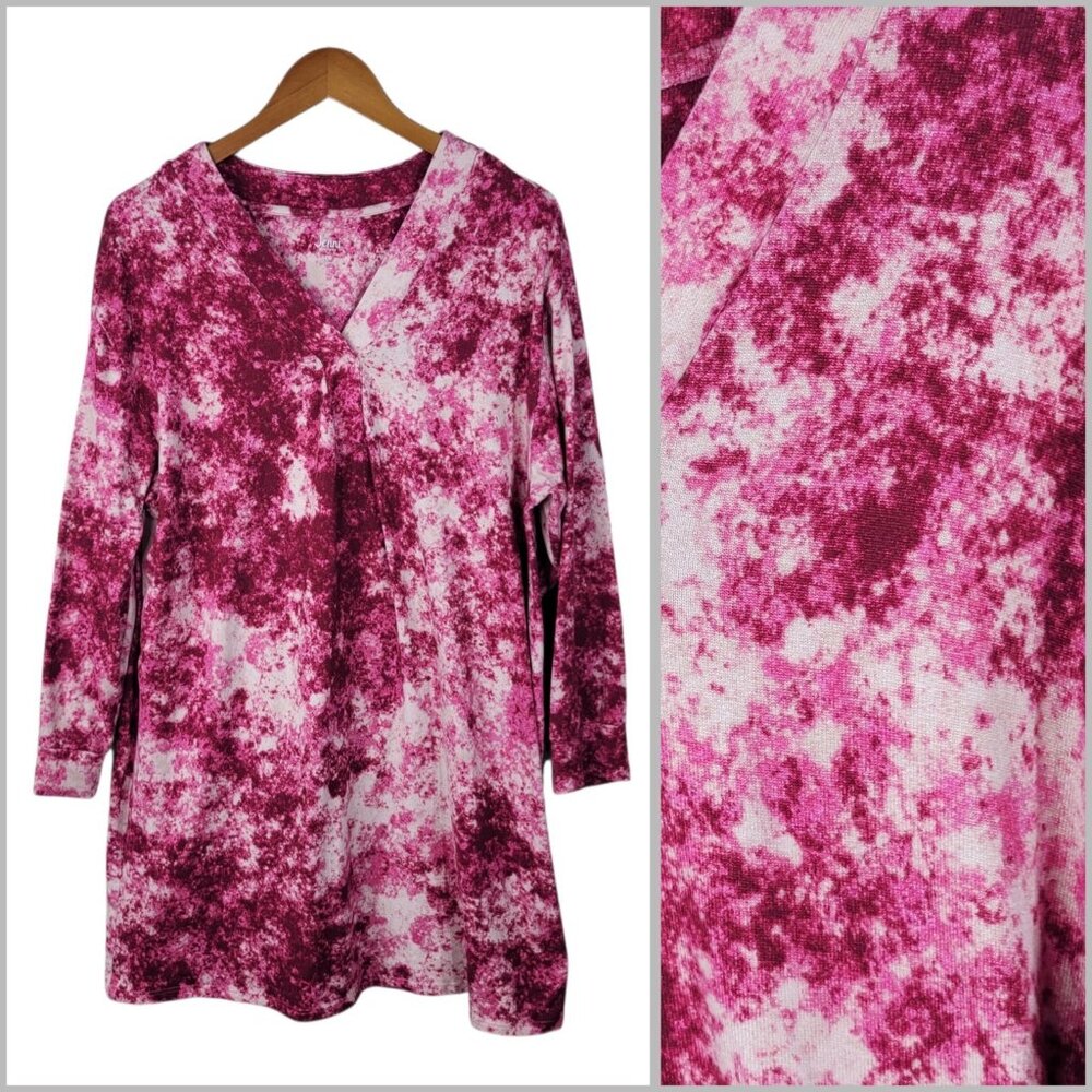 Jenni Plus Size 1X Top Stretch Knit Tunic Sweatshirt Pink Tie Dye Stretch Pink